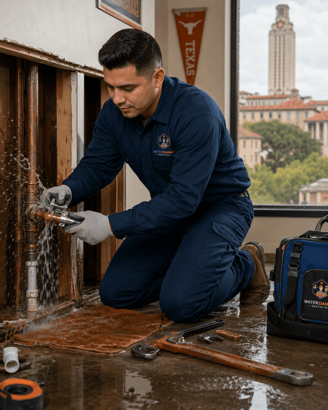 Water damage restoration technician working near UT Austin campus